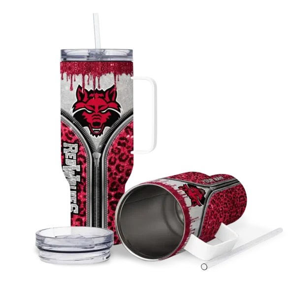 personalized arkansas state red wolves leopard zipper scarlet curved tumbler high quality.webp