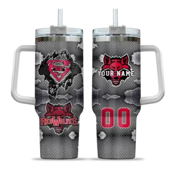 personalized arkansas state red wolves superman shield scarlet gray curved tumbler best selling.webp