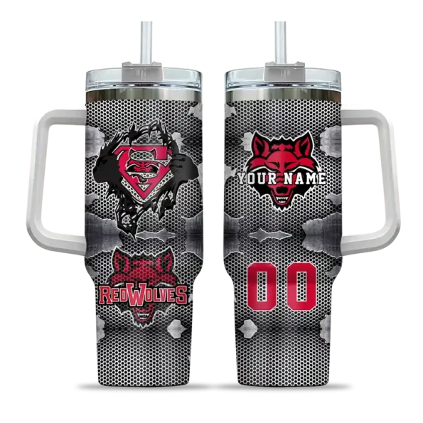 personalized arkansas state red wolves superman shield scarlet gray curved tumbler best selling.webp