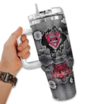 personalized arkansas state red wolves superman shield scarlet gray curved tumbler best selling.webp