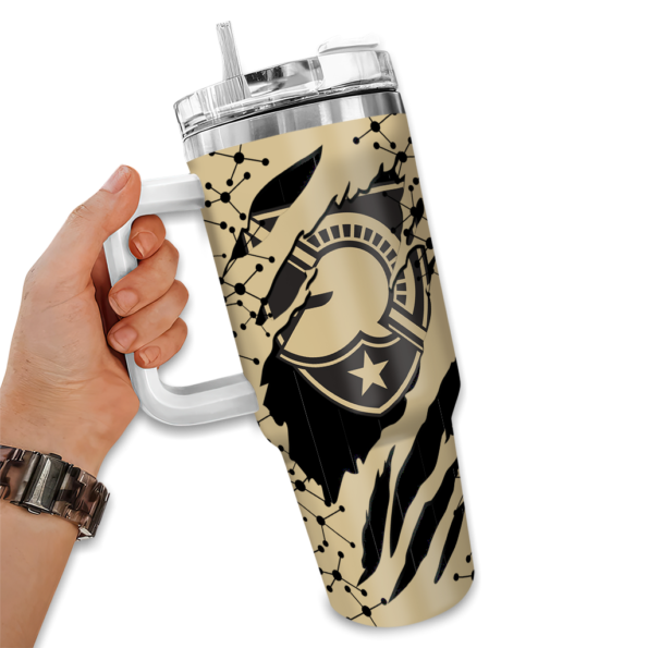 personalized army black knights claw cut gold black curved tumbler fashion forward.webp