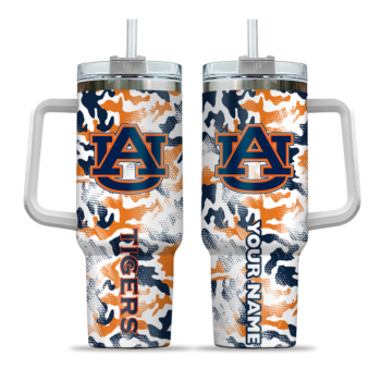 personalized auburn tigers camo mashup navy blue white curved tumbler best selling.webp