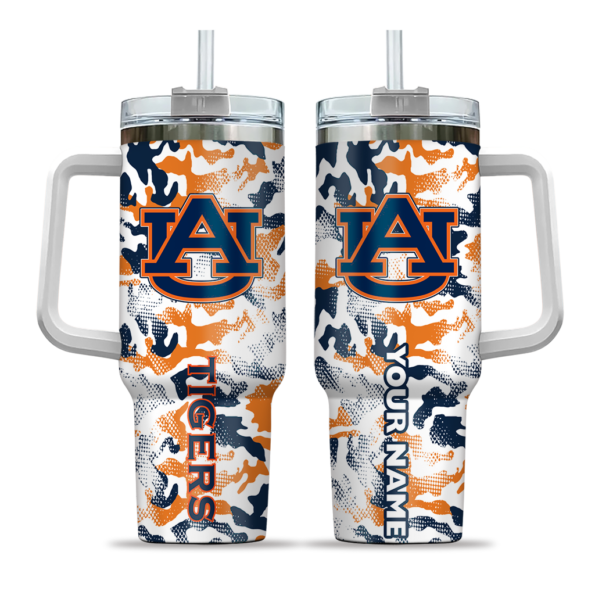 personalized auburn tigers camo mashup navy blue white curved tumbler best selling.webp