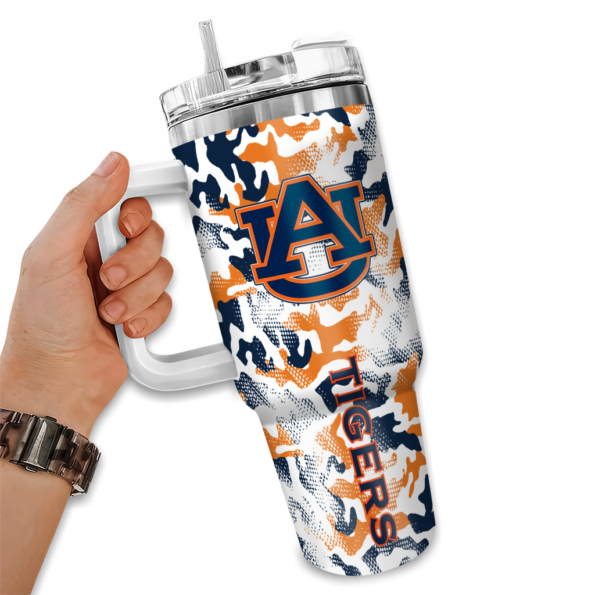 personalized auburn tigers camo mashup navy blue white curved tumbler fashion forward.webp