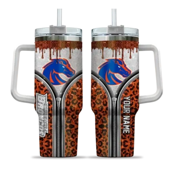 personalized boise state broncos leopard zipper orange curved tumbler best selling.webp