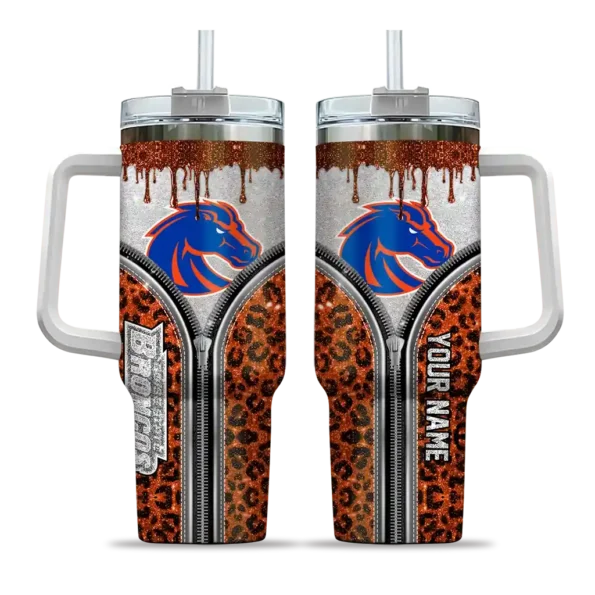 personalized boise state broncos leopard zipper orange curved tumbler best selling.webp