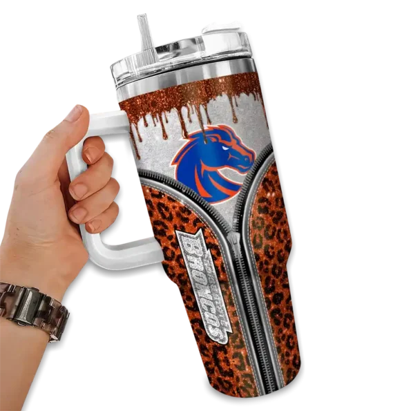 personalized boise state broncos leopard zipper orange curved tumbler fashion forward.webp