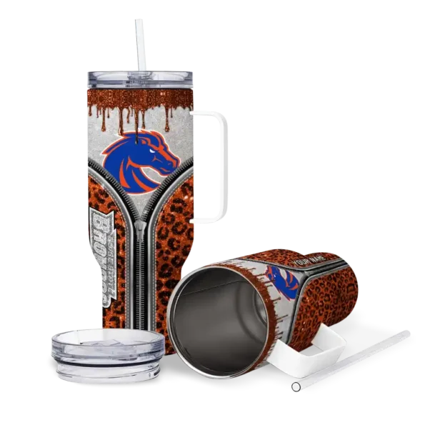 personalized boise state broncos leopard zipper orange curved tumbler high quality.webp