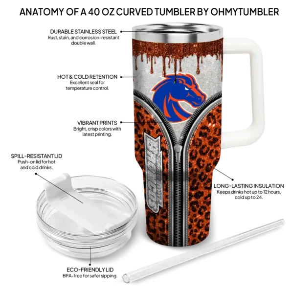 personalized boise state broncos leopard zipper orange curved tumbler new arrival.webp