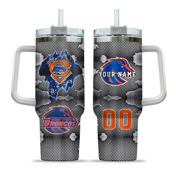 personalized boise state broncos superman shield orange gray curved tumbler best selling.webp