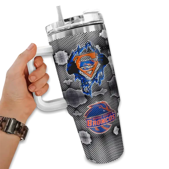 personalized boise state broncos superman shield orange gray curved tumbler fashion forward.webp