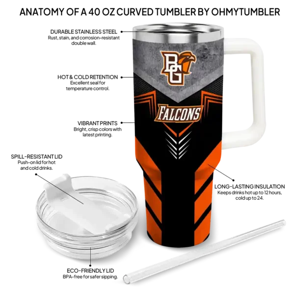 personalized bowling green falcons arrow armor orange black curved tumbler new arrival.webp