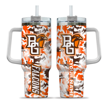 personalized bowling green falcons camo mashup orange white curved tumbler best selling.webp