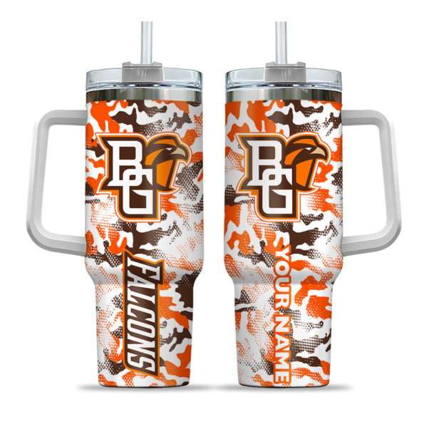 personalized bowling green falcons camo mashup orange white curved tumbler best selling.webp