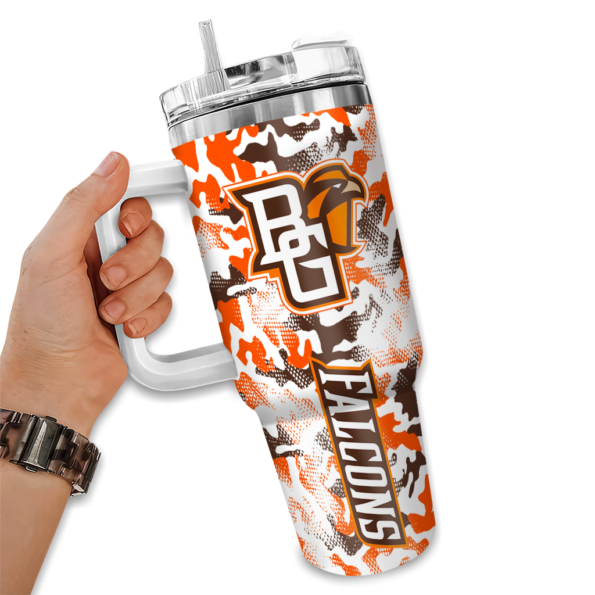 personalized bowling green falcons camo mashup orange white curved tumbler fashion forward.webp