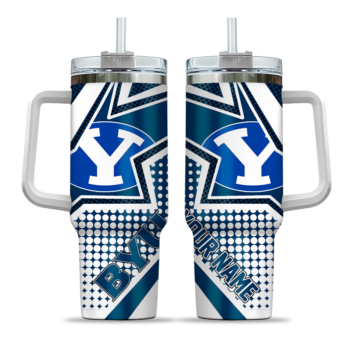 personalized byu cougars arrow burst blue curved tumbler best selling.webp