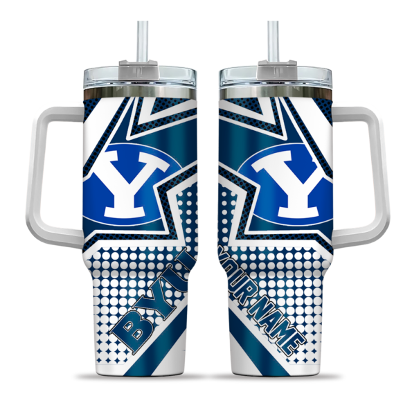 personalized byu cougars arrow burst blue curved tumbler best selling.webp