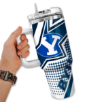 personalized byu cougars arrow burst blue curved tumbler best selling.webp
