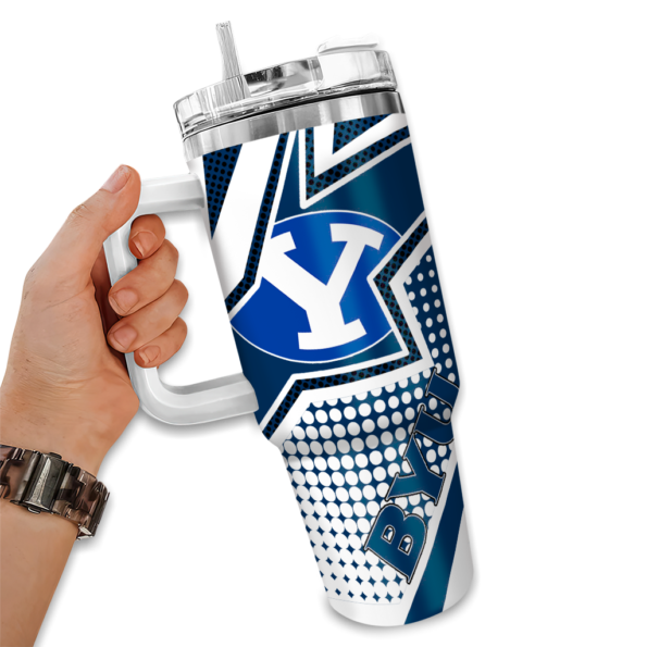 personalized byu cougars arrow burst blue curved tumbler fashion forward.webp