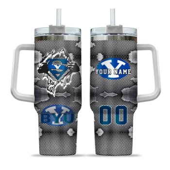 personalized byu cougars superman shield blue gray curved tumbler best selling.webp