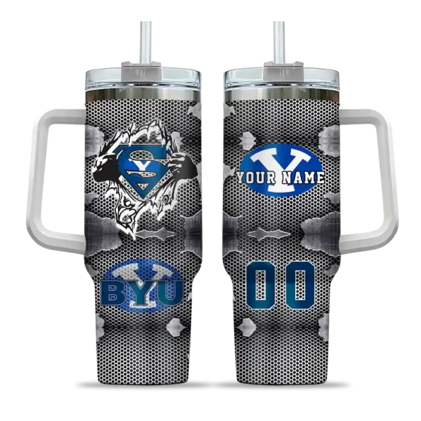 personalized byu cougars superman shield blue gray curved tumbler best selling.webp