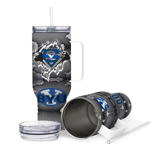 personalized byu cougars superman shield blue gray curved tumbler high quality.webp