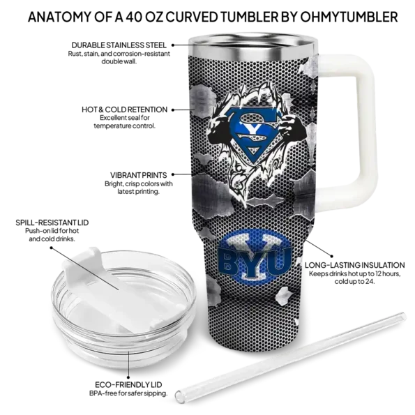 personalized byu cougars superman shield blue gray curved tumbler new arrival.webp