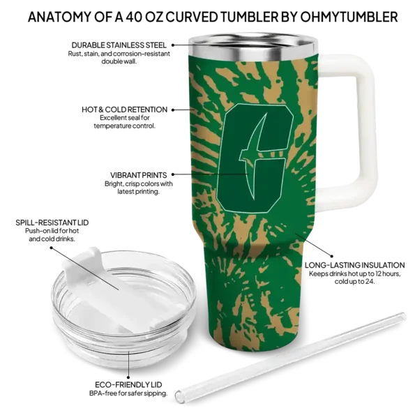 personalized charlotte 49ers burst swirl green curved tumbler new arrival.webp