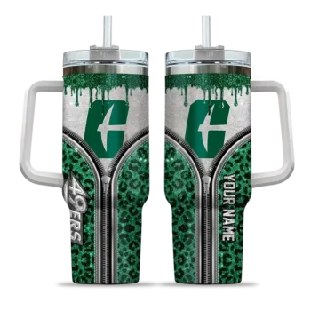 personalized charlotte 49ers leopard zipper green curved tumbler best selling.webp