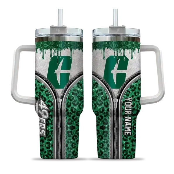 personalized charlotte 49ers leopard zipper green curved tumbler best selling.webp