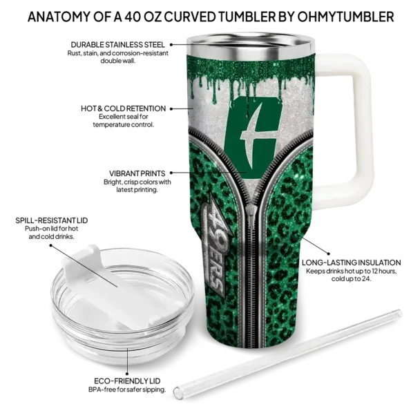 personalized charlotte 49ers leopard zipper green curved tumbler new arrival.webp