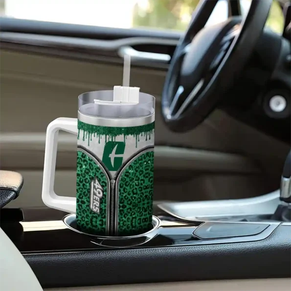 personalized charlotte 49ers leopard zipper green curved tumbler trendy.webp