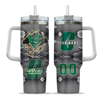 personalized charlotte 49ers superman shield green gray curved tumbler best selling.webp