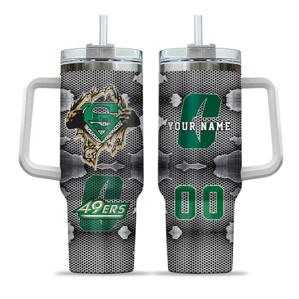 personalized charlotte 49ers superman shield green gray curved tumbler best selling.webp