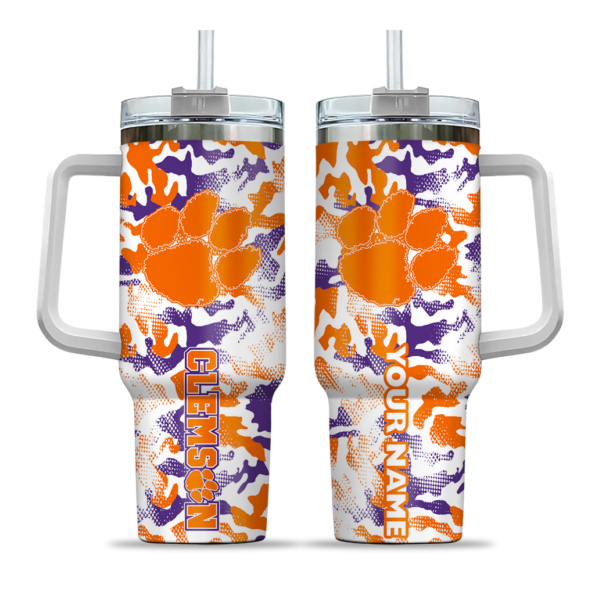 personalized clemson tigers camo mashup orange white curved tumbler best selling