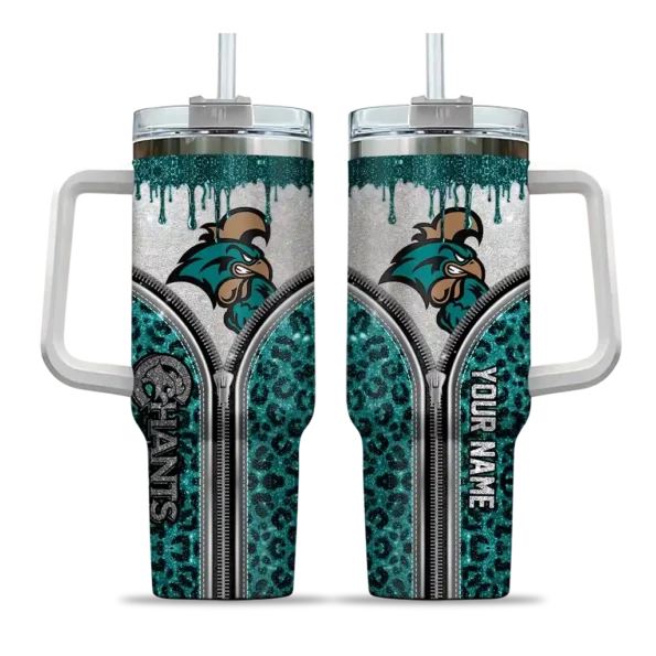 personalized coastal carolina chanticleers leopard zipper green curved tumbler best selling