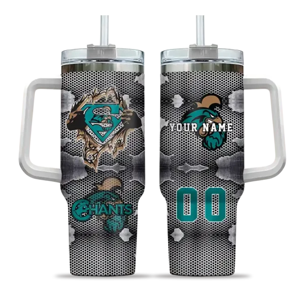 personalized coastal carolina chanticleers superman shield green gray curved tumbler best selling