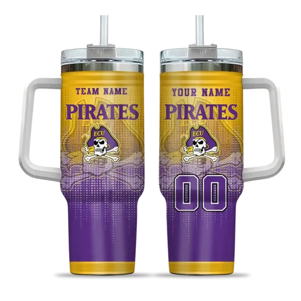 personalized east carolina pirates gradient dots purple curved tumbler best selling