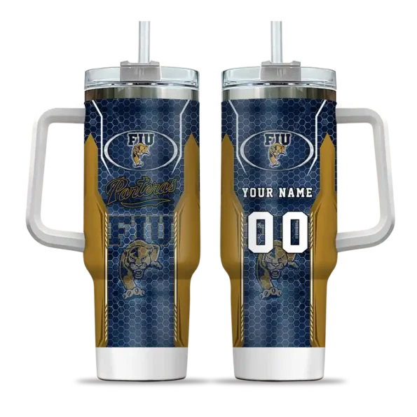 personalized fiu panthers hexagon armor blue curved tumbler best selling