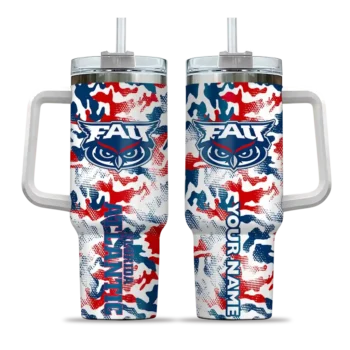 personalized florida atlantic owls camo mashup blue white curved tumbler best selling.webp