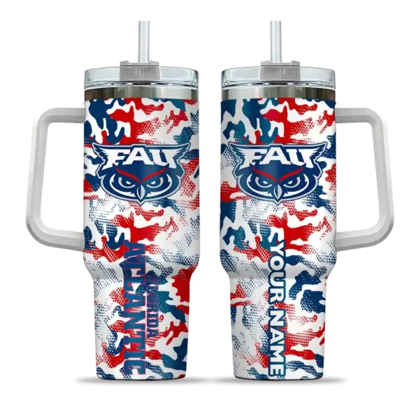 personalized florida atlantic owls camo mashup blue white curved tumbler best selling.webp