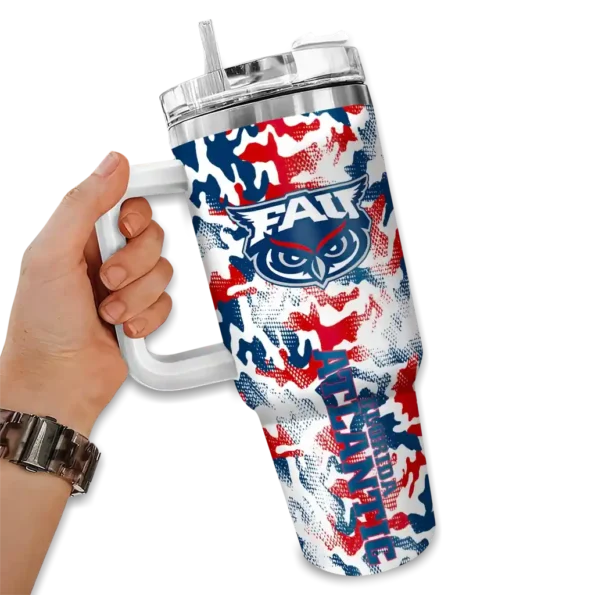 personalized florida atlantic owls camo mashup blue white curved tumbler fashion forward.webp