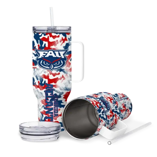 personalized florida atlantic owls camo mashup blue white curved tumbler high quality.webp