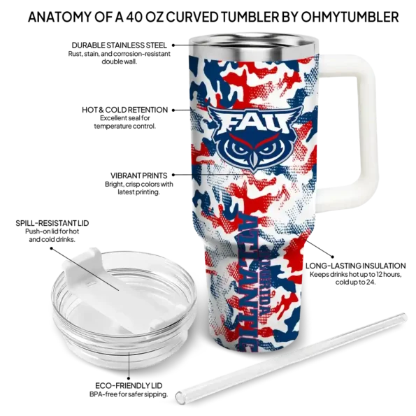 personalized florida atlantic owls camo mashup blue white curved tumbler new arrival.webp