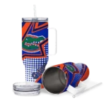 personalized florida gators arrow burst blue curved tumbler best selling.webp