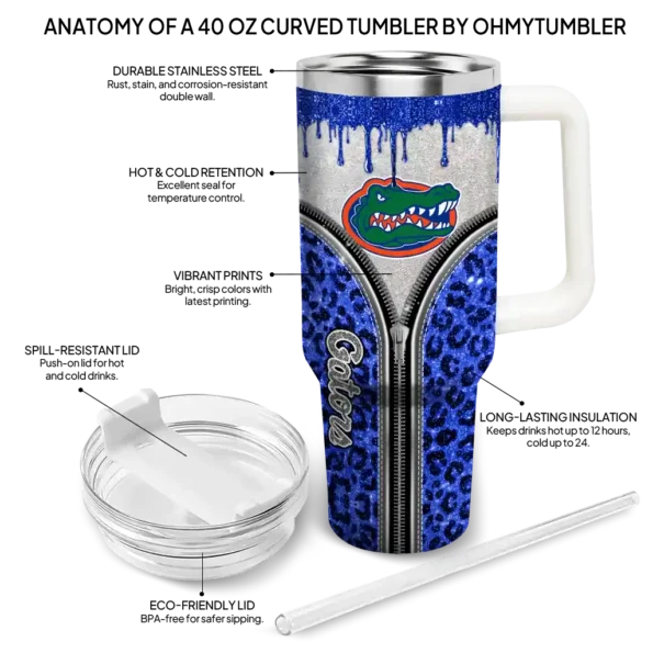 personalized florida gators leopard zipper blue curved tumbler new arrival.webp