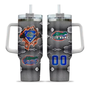 personalized florida gators superman shield blue gray curved tumbler best selling.webp