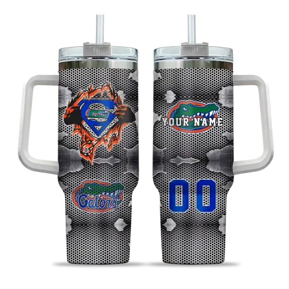 personalized florida gators superman shield blue gray curved tumbler best selling.webp