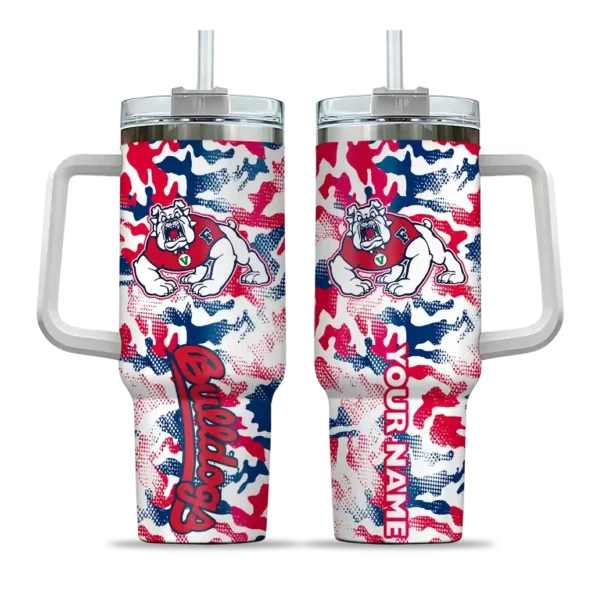 personalized fresno state bulldogs camo mashup red white curved tumbler best selling.webp