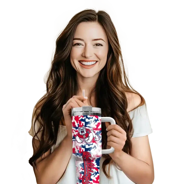 personalized fresno state bulldogs camo mashup red white curved tumbler premium grade.webp